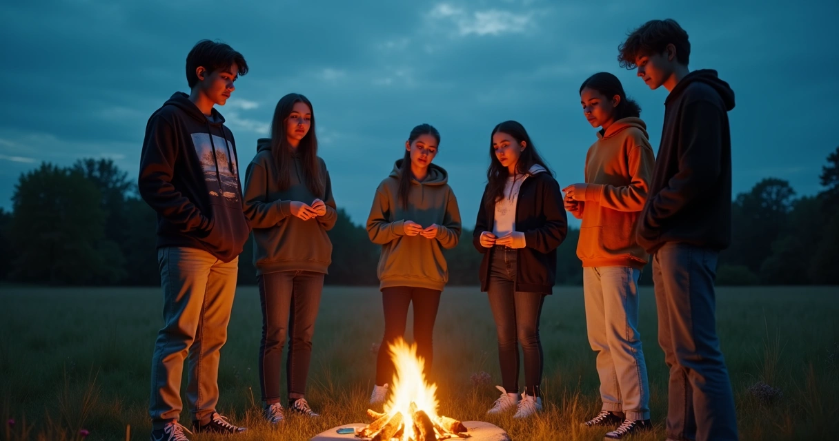 Teenagers in twilight circle around small bonfire sharing meaningful ritual 