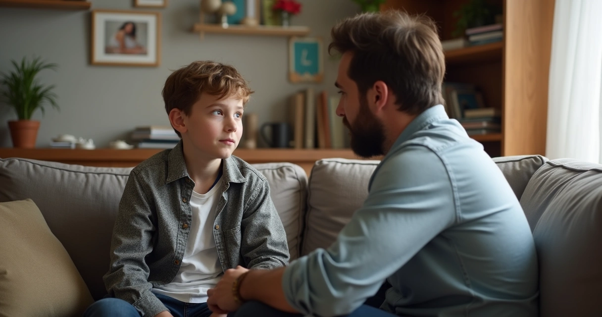 Adolescente sentado ao lado do pai em sofá conversando 