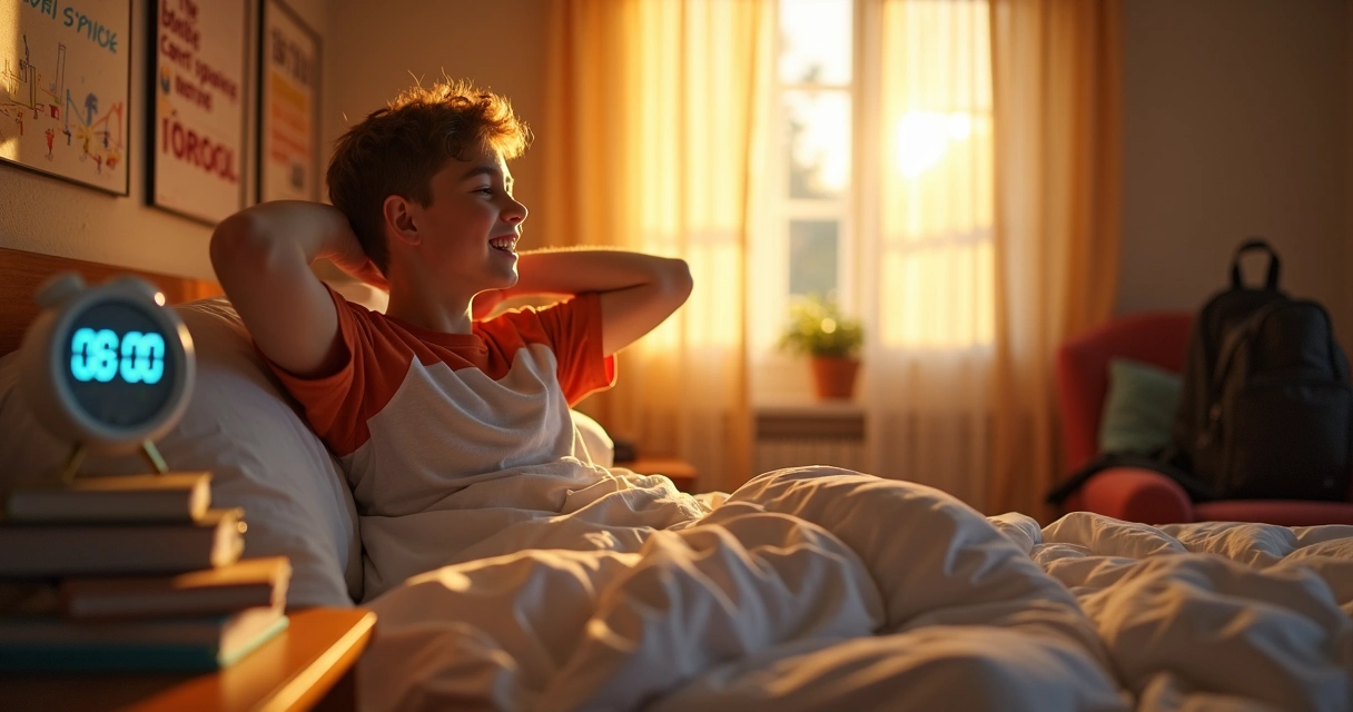 Adolescente acordando sorrindo para o despertador