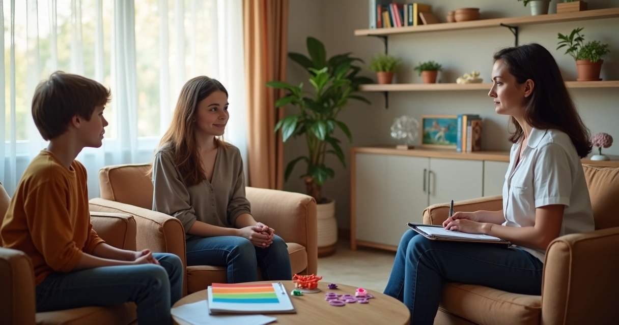 Adolescente e adulto conversando com médica em ambiente de consultório acolhedor 