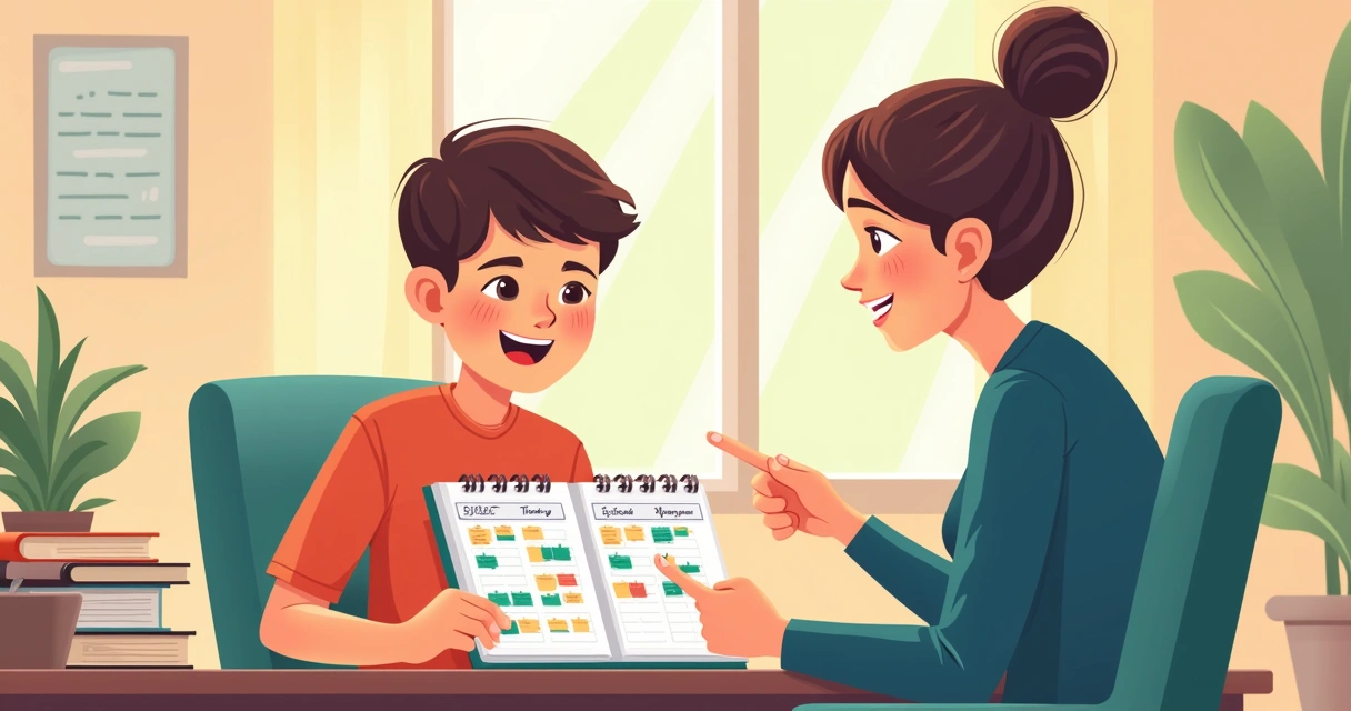 Adolescente autista organizando agenda com auxílio de terapeuta 