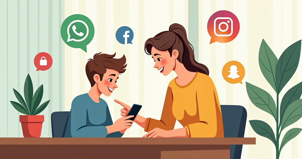 Adolescente autista usando celular em rede social, acompanhado por adulto 