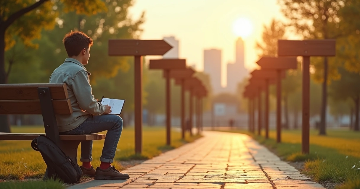 Adolescente sentado em banco ao ar livre diante de várias setas de caminhos diferentes 