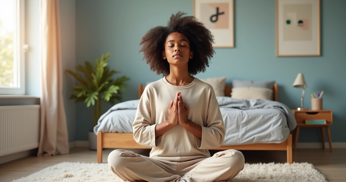 Adolescente practicando autorregulación emocional con respiración consciente en su habitación 