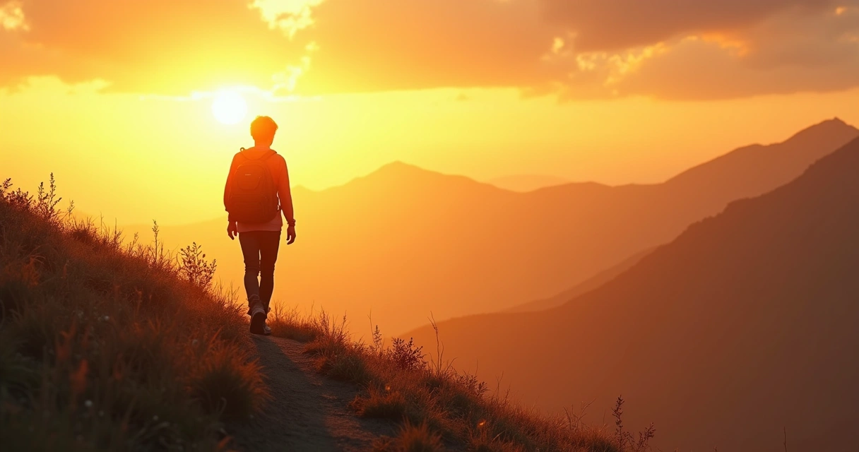 Adolescente caminando solo por una cuesta al atardecer