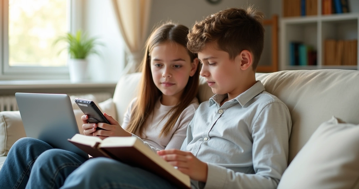 Adolescente sentado lendo bíblia ao lado de celular.