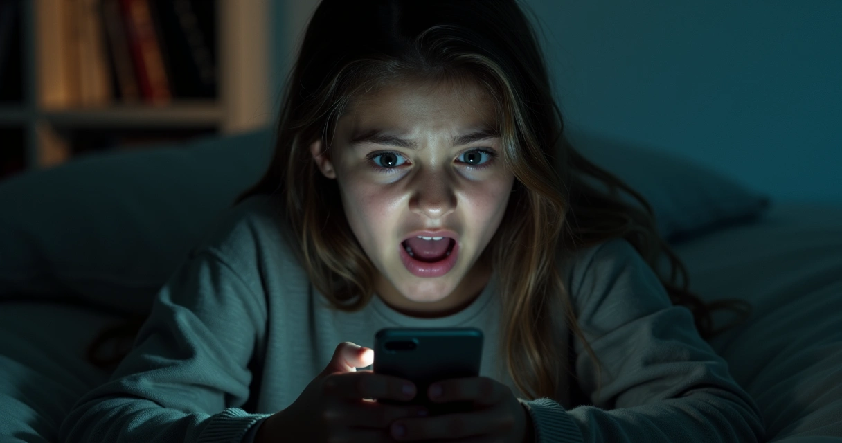 Adolescente segurando celular e demonstrando emoções variadas 