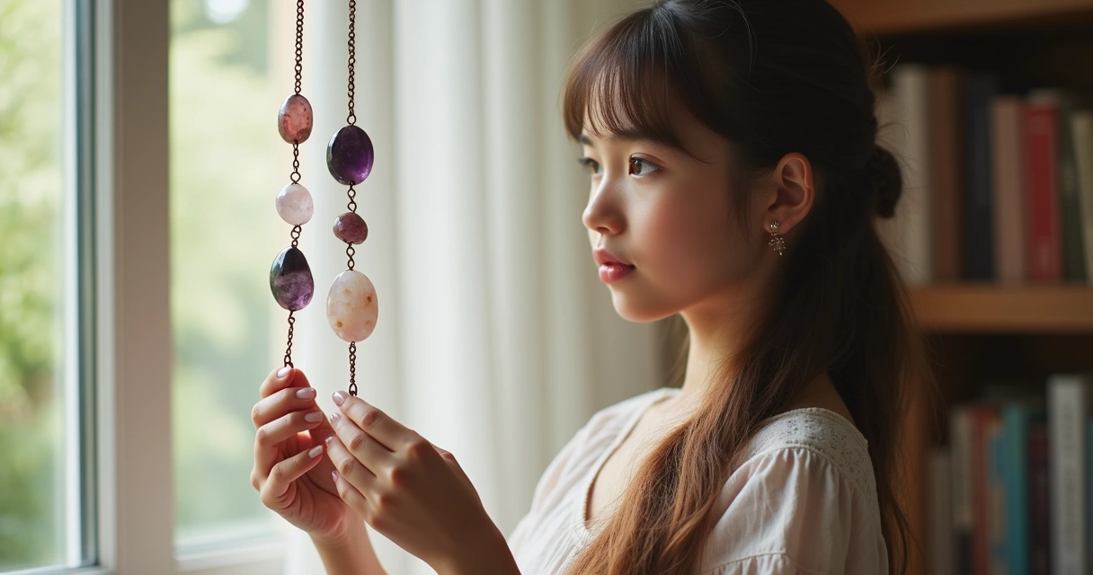 Adolescente com amuleto de pedras na mão em ambiente neutro