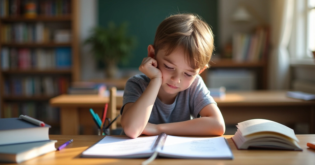 Jovem com caderno aberto olhando para baixo sentado em uma mesa 