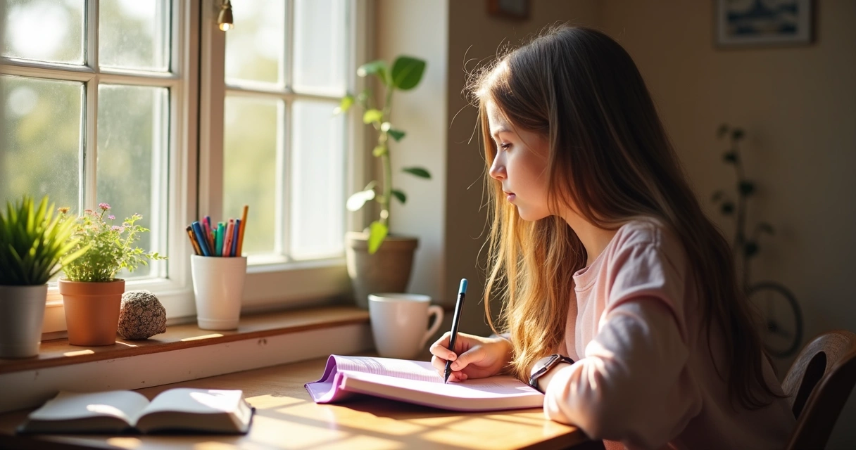 Adolescente lendo devocional segurando caderno e caneta, expressando reflexão