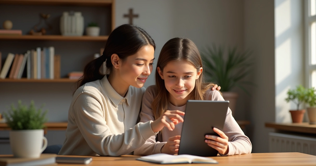 Adolescente segurando tablet enquanto adulto orienta com gesto de apoio