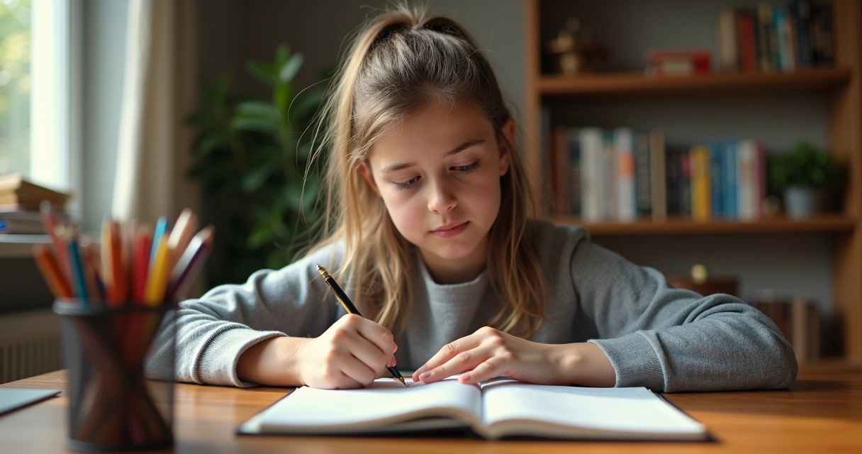 Adolescente escribiendo en un diario con expresión seria 