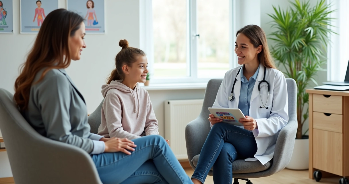 Adolescente conversa com médica em consultório acolhedor 