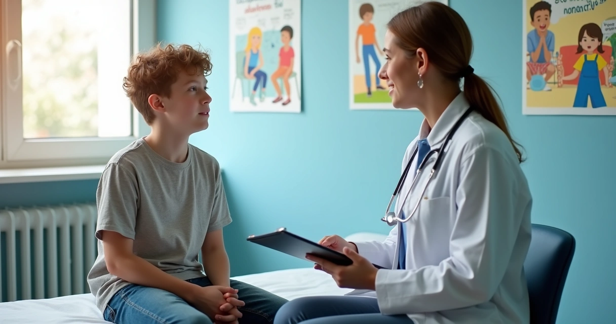 Jovem adolescente sentado em consultório médico hebiatra 