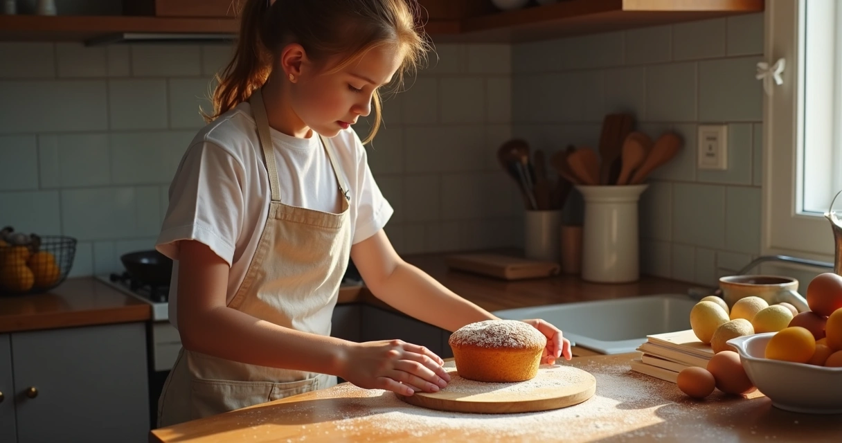 Adolescente cozinhando bolo em bancada de cozinha 