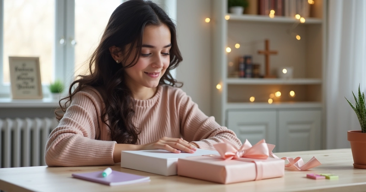 Adolescente cristã sorrindo ao receber uma Bíblia de presente sobre a mesa com itens delicados 