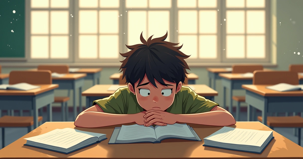 Adolescente desmotivado sentado sozinho em carteira escolar 