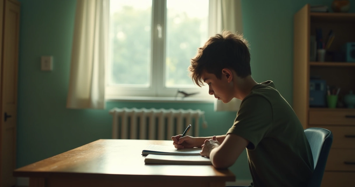 Adolescente escrevendo em caderno perto da janela