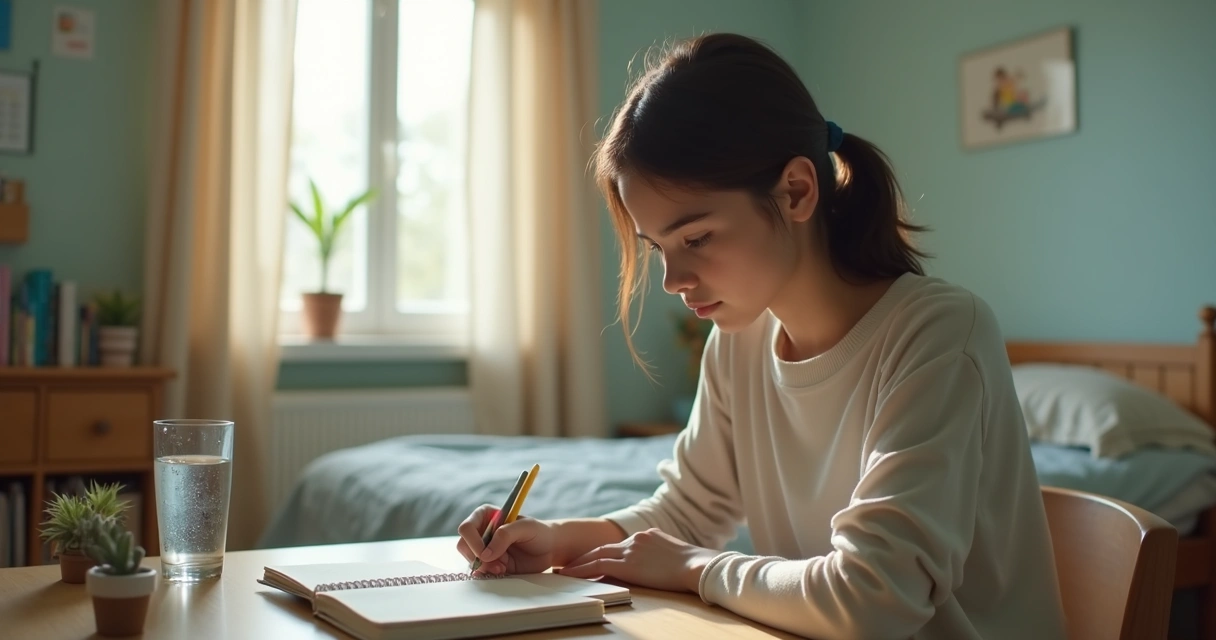 Adolescente escrevendo em um diário no quarto 