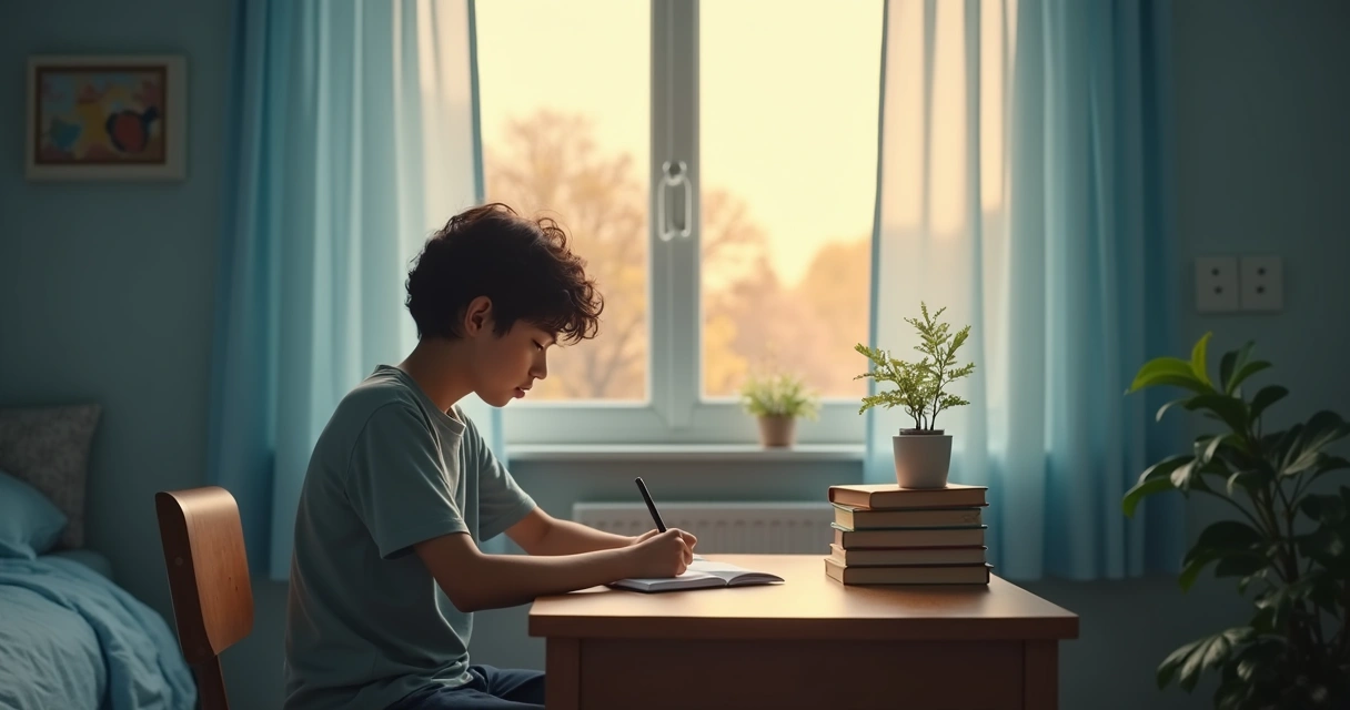 Adolescente escribiendo en un diario junto a una ventana 