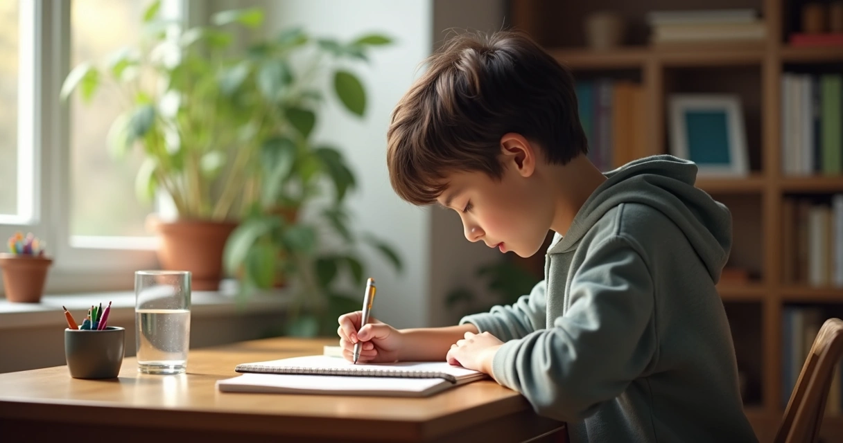 Adolescente escribiendo en un cuaderno junto a una ventana