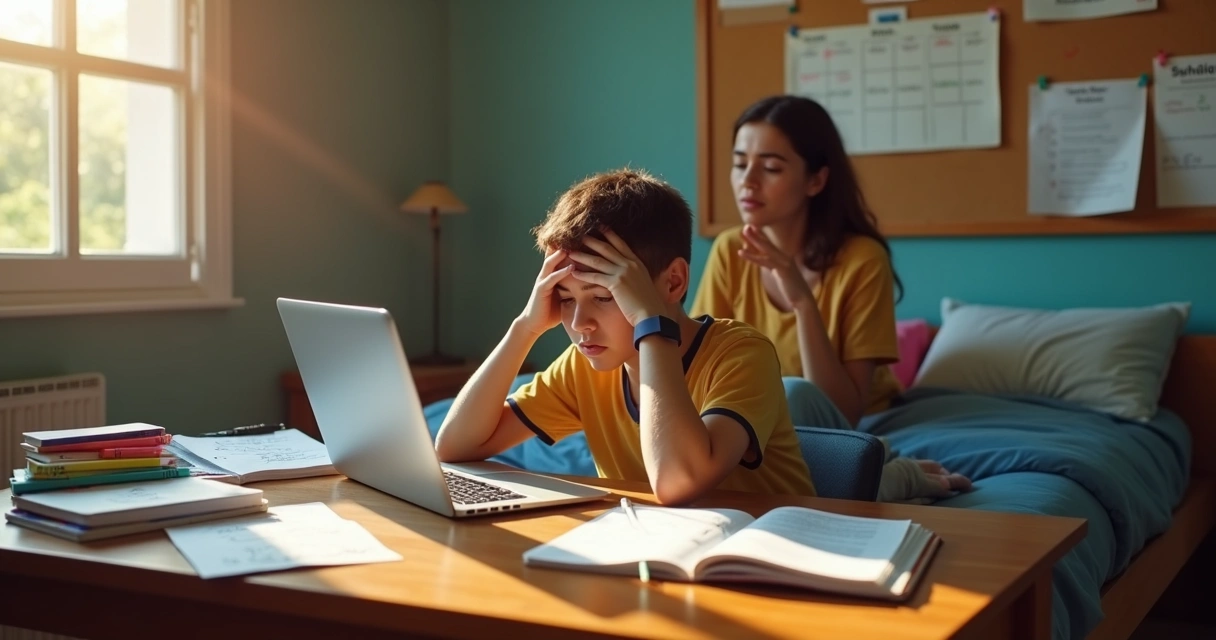 Adolescente estudando na mesa com mãe ao lado observando preocupada 