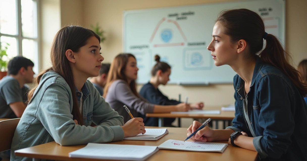 Adolescente reflexionando en un aula mientras habla con una docente 