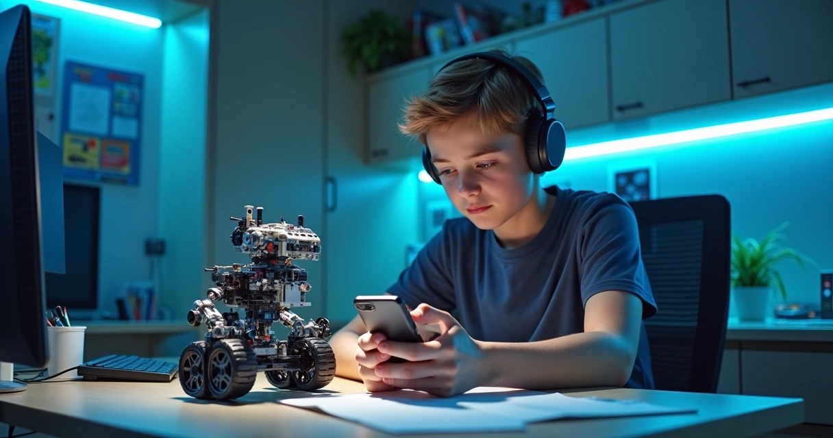 Adolescente com fone e celular montando lego 