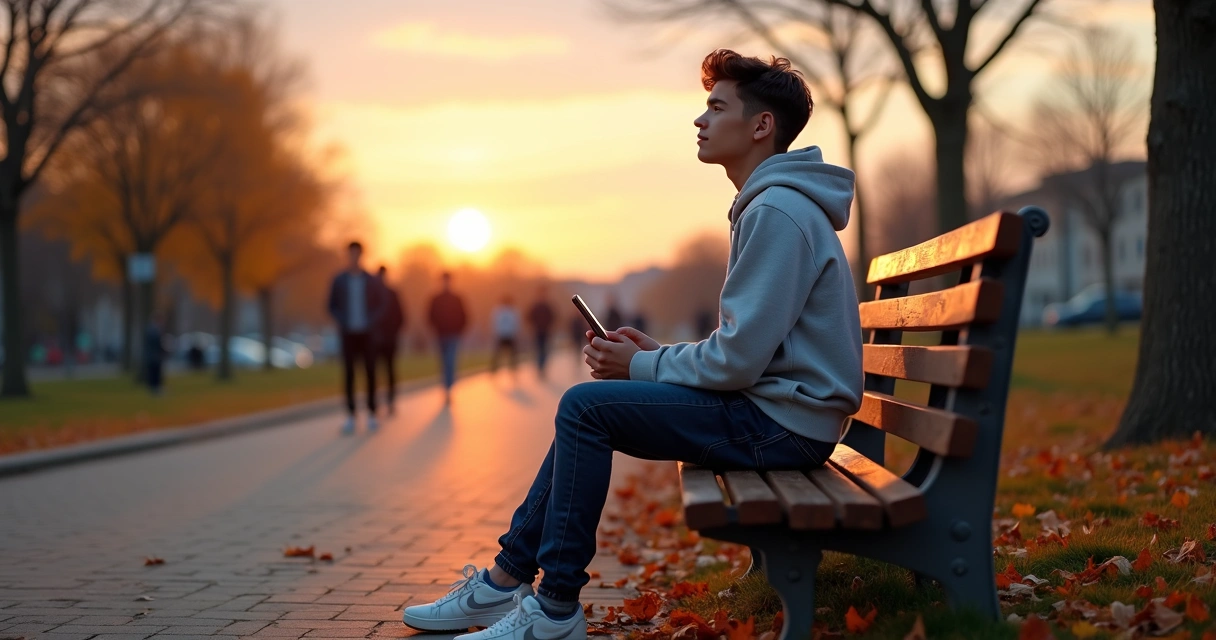 Adolescente sentado en banco de parque al atardecer mirando el cielo con gesto sereno 