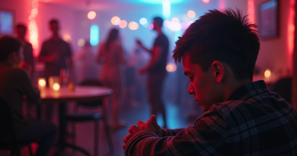 Adolescente sentado sozinho em festa com pessoas conversando ao fundo 