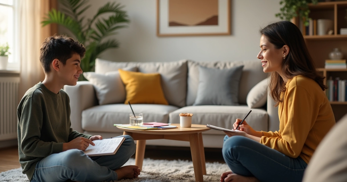 Adolescente dialogando con madre en sala luminosa con cuaderno de preguntas 