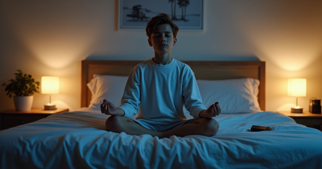 Adolescente sentado no quarto meditando antes de dormir 