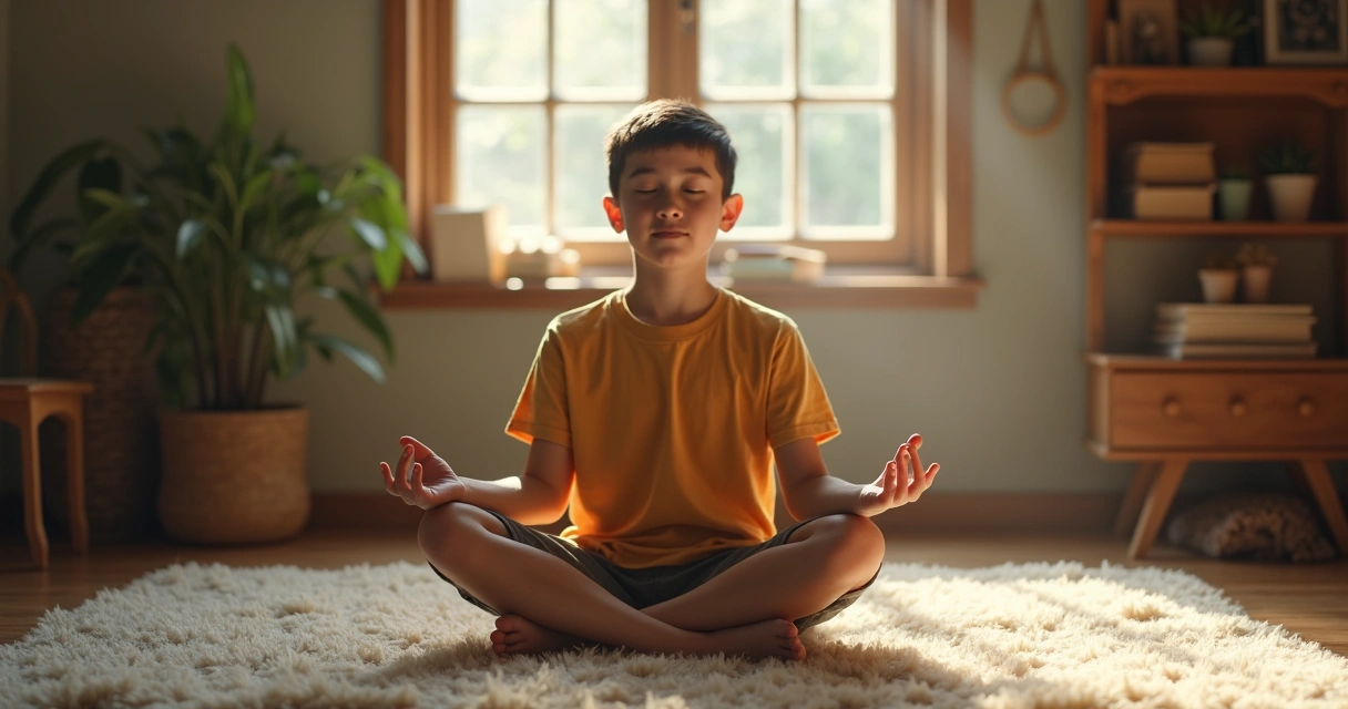 Adolescente sentado em posição de meditação em ambiente calmo com luz suave 