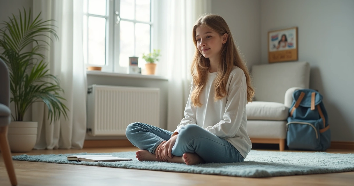 Adolescente sentado em meditação no quarto 