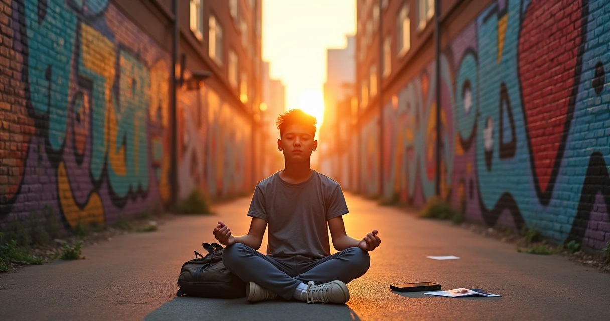 Adolescente sentado meditando en un callejón urbano colorido 