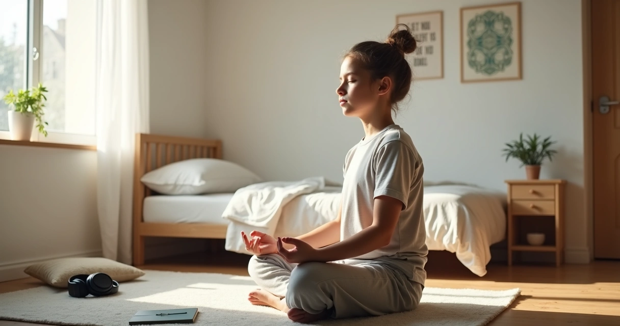 Adolescente sentado meditando en su habitación luminosa 