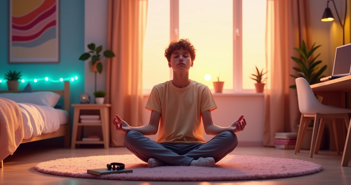 Adolescente sentado meditando en una habitación colorida al atardecer 