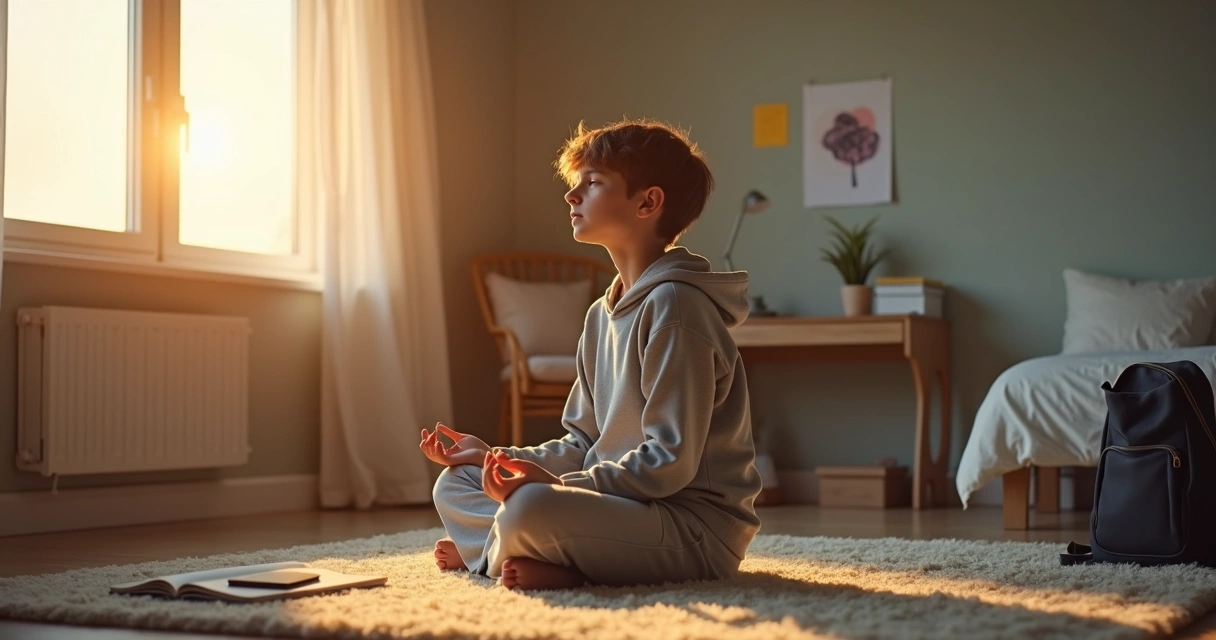 Adolescente sentado meditando en su habitación tranquila al atardecer 