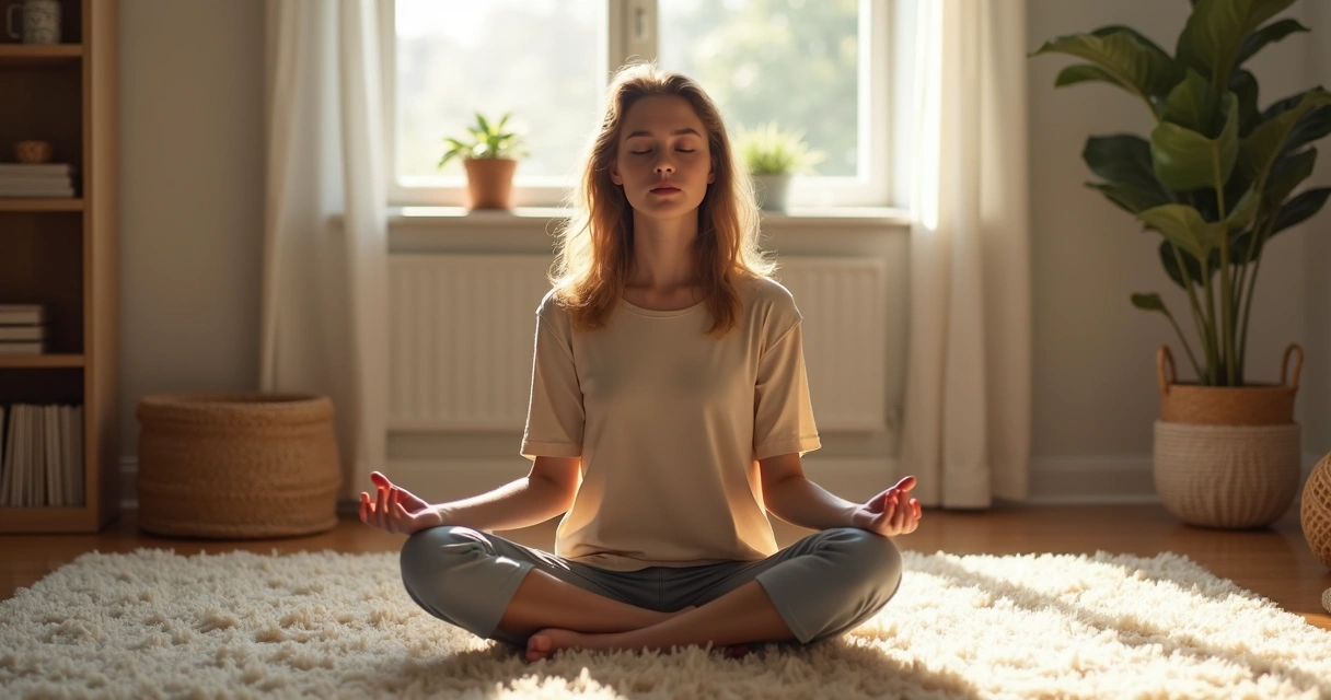 Adolescente sentado meditando em quarto iluminado