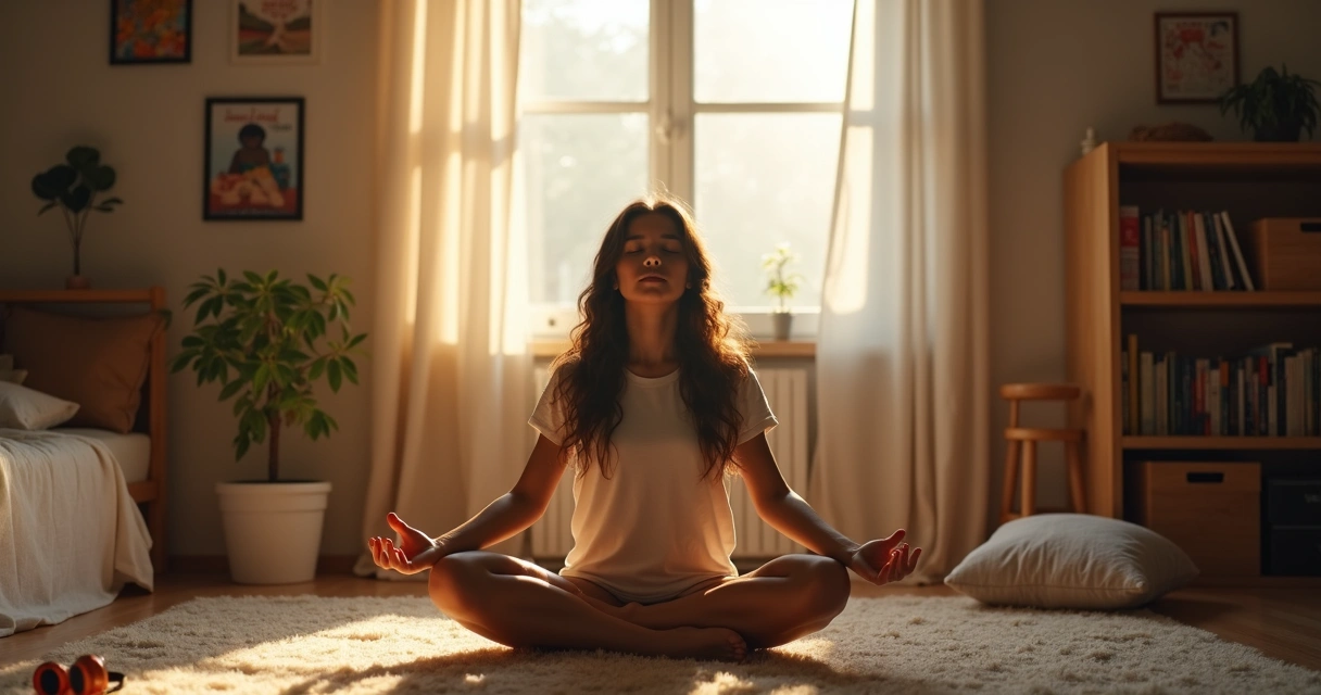 Adolescente sentado no quarto praticando meditação
