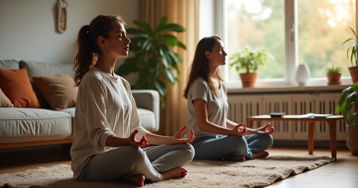 Adolescente meditando sentado en el salón de casa acompañado por un adulto 