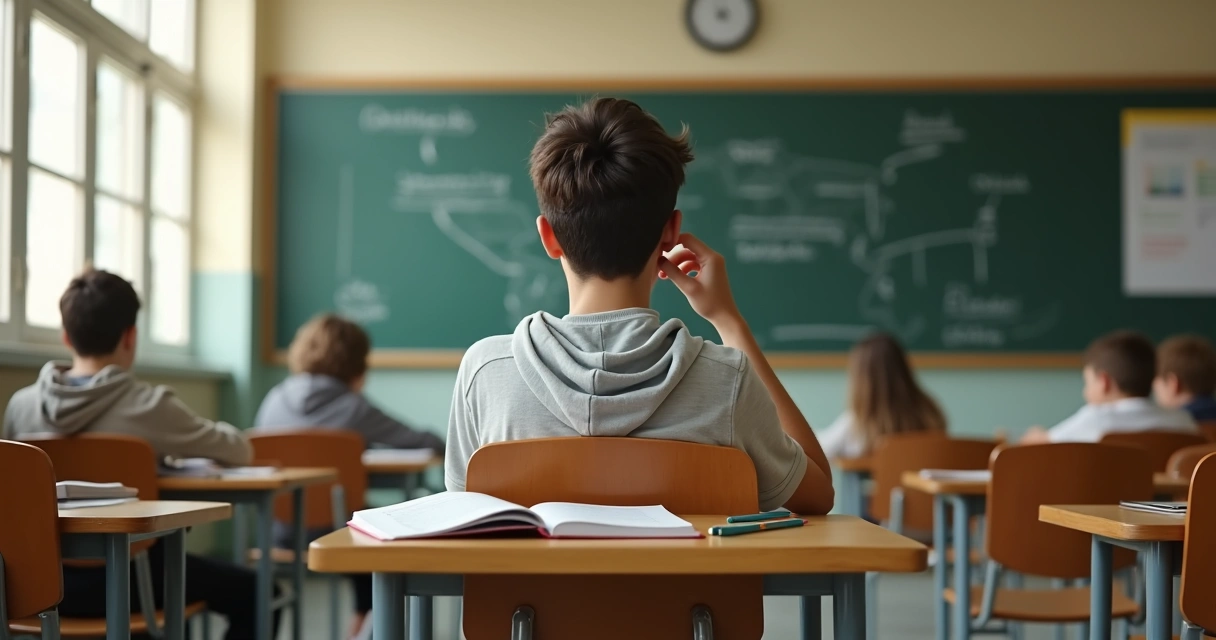Adolescente com miopia ajustando os óculos para enxergar quadro na sala de aula 
