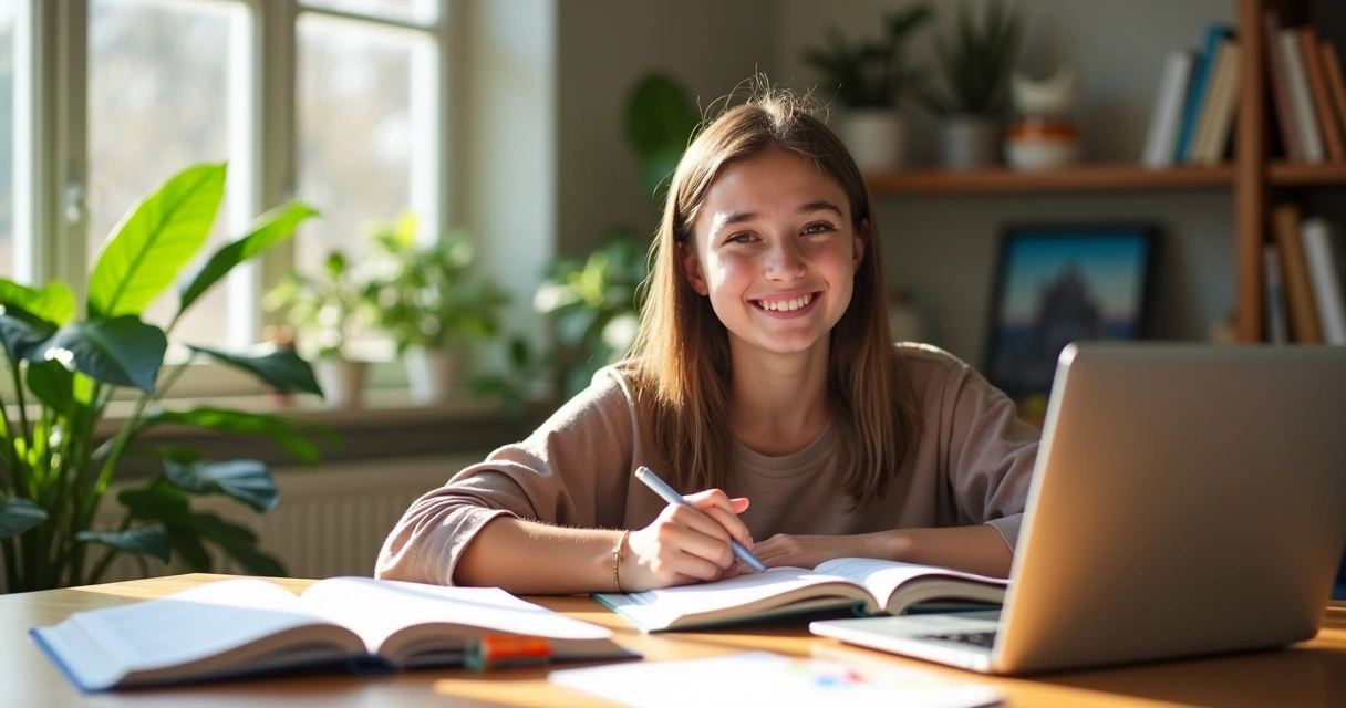 Jovem sorrindo motivado estudando com livros e laptop na mesa 