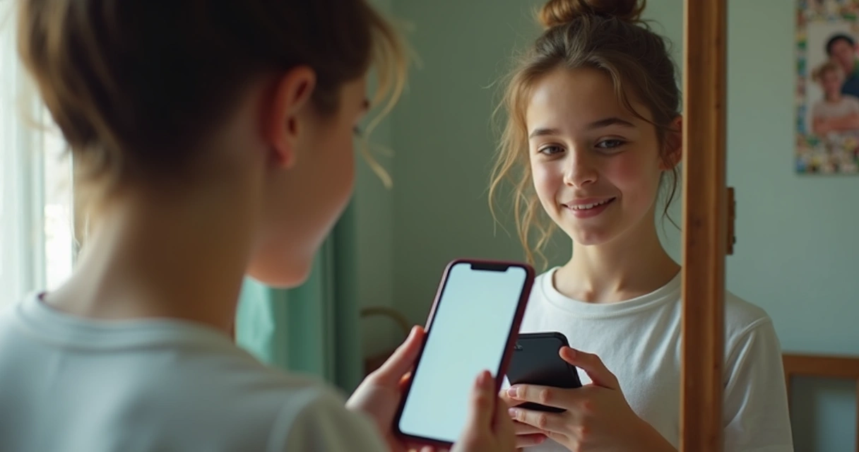 Adolescente mirando su reflejo en un espejo y usando un móvil