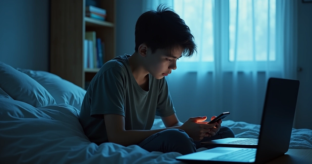 Adolescente usando móvil en habitación, luz tenue, ambiente reflexivo 