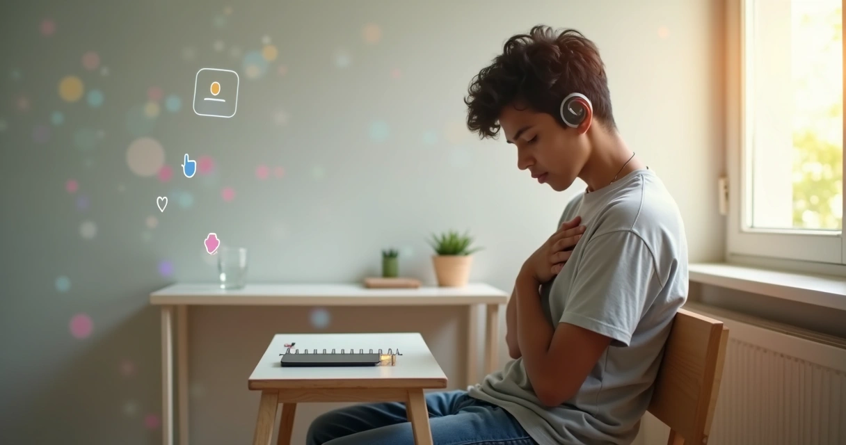 Adolescente con auriculares dejando el móvil a un lado y cerrando los ojos para calmarse 