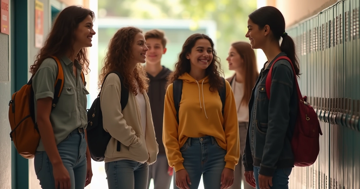 Adolescente em uma escola conversando com amigos, ambiente escolar vibrante 