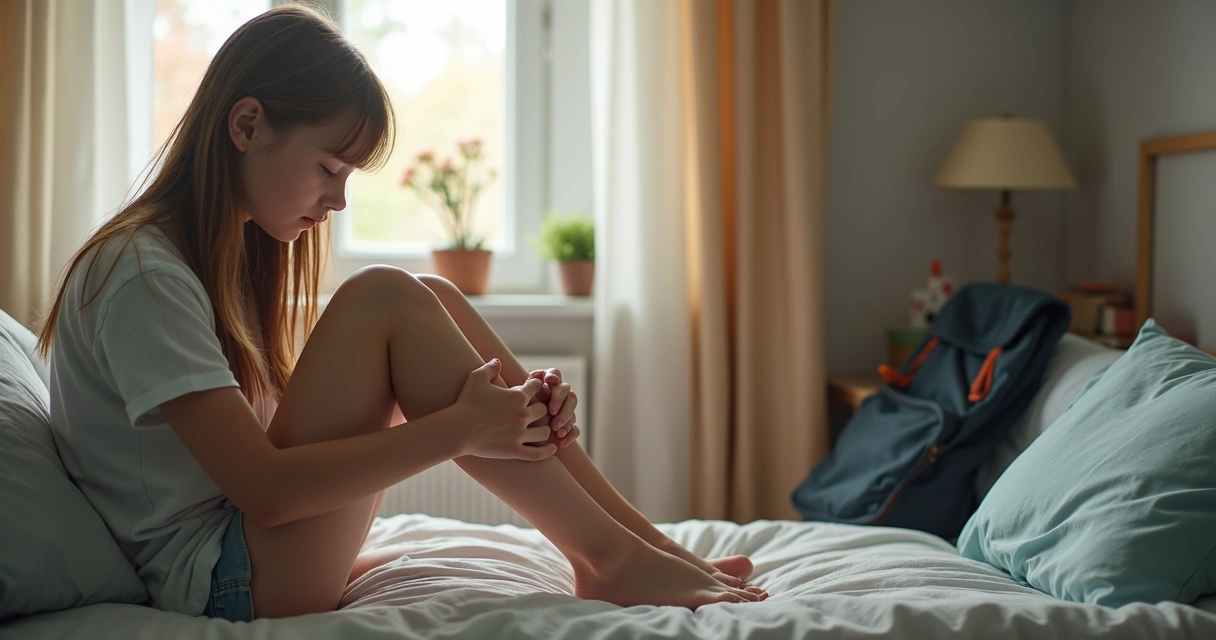 Adolescente observa as pernas em busca de sinais de veias visíveis 