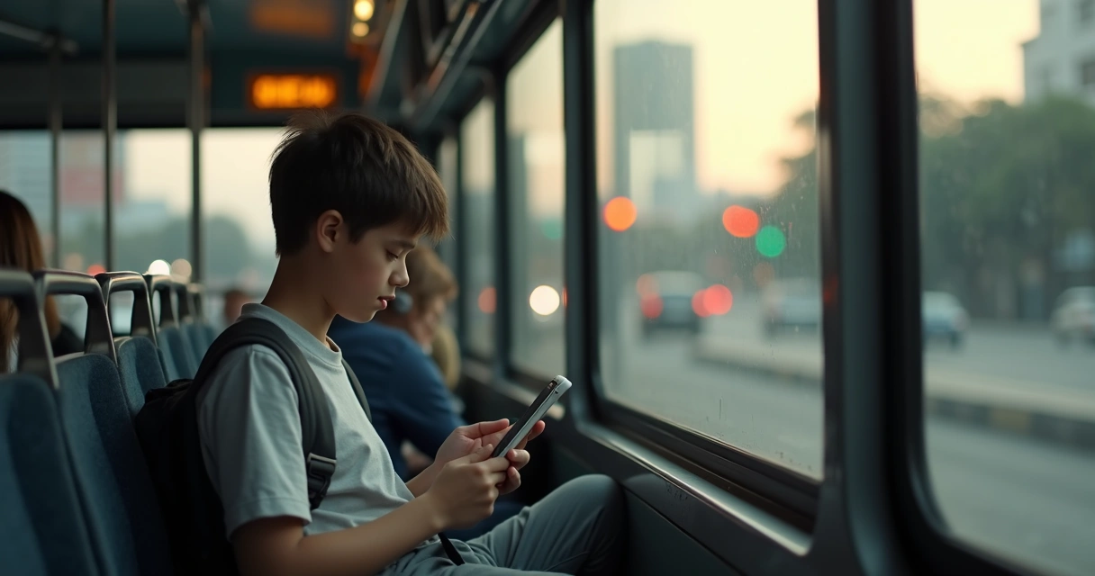 Adolescente sentado no ônibus olhando para o celular 