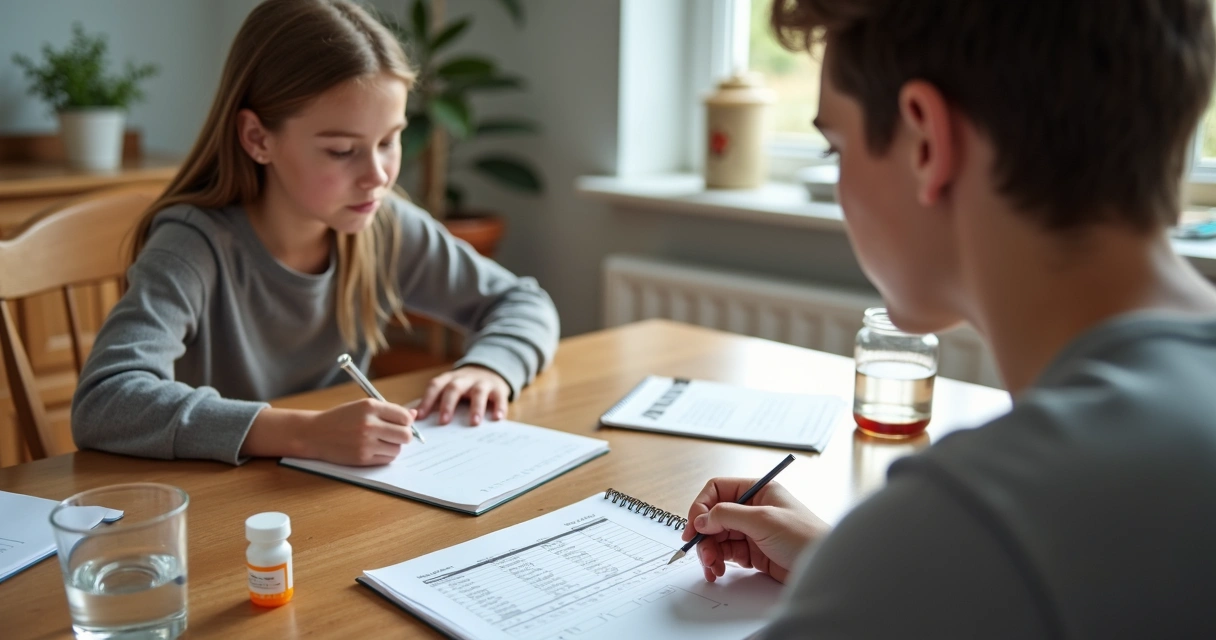 Adolescente organizando medicação com responsável 